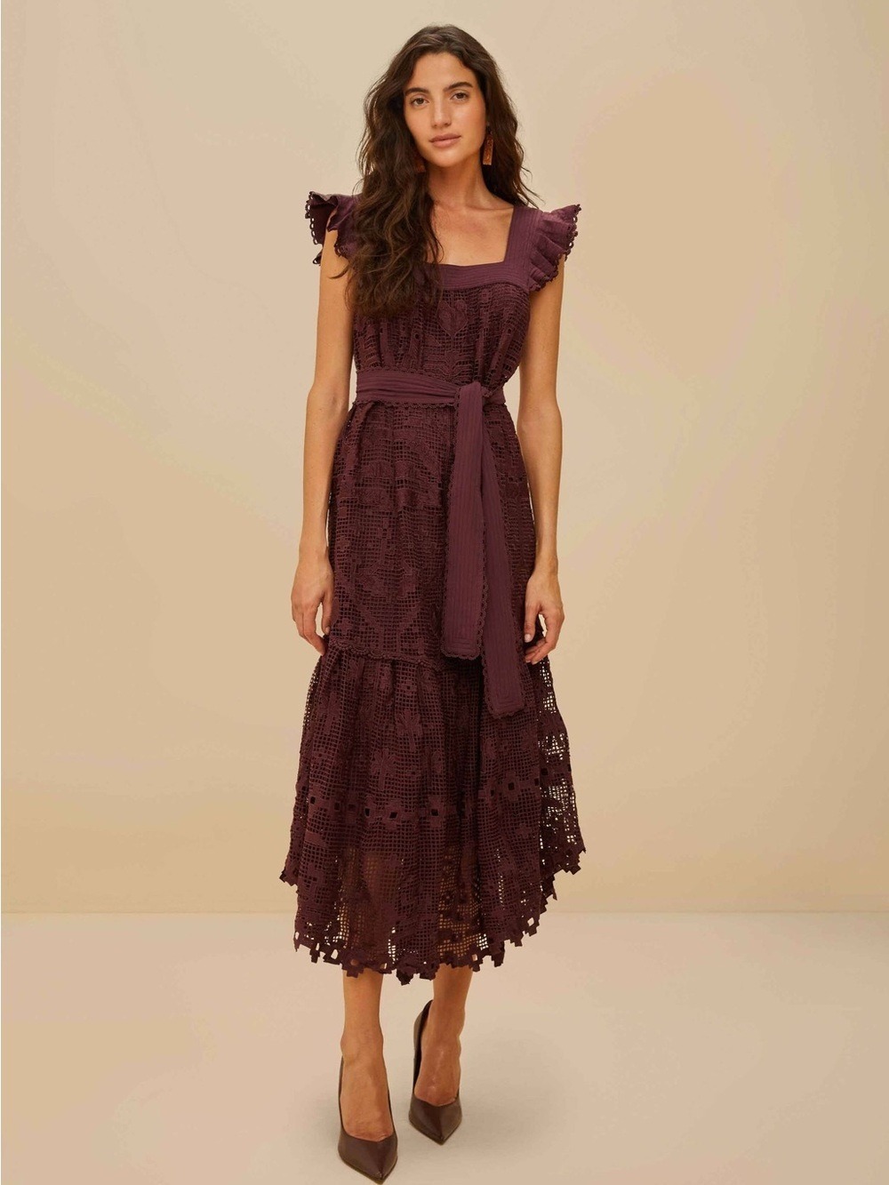 Farm Rio Brown Pineapple Guipure Midi Dress